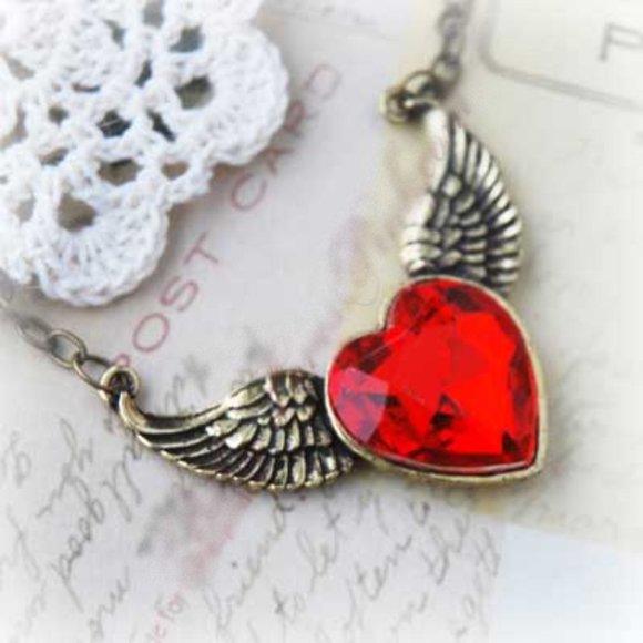 Heart with Wings Necklace Red Crystal - Picture 4 of 7